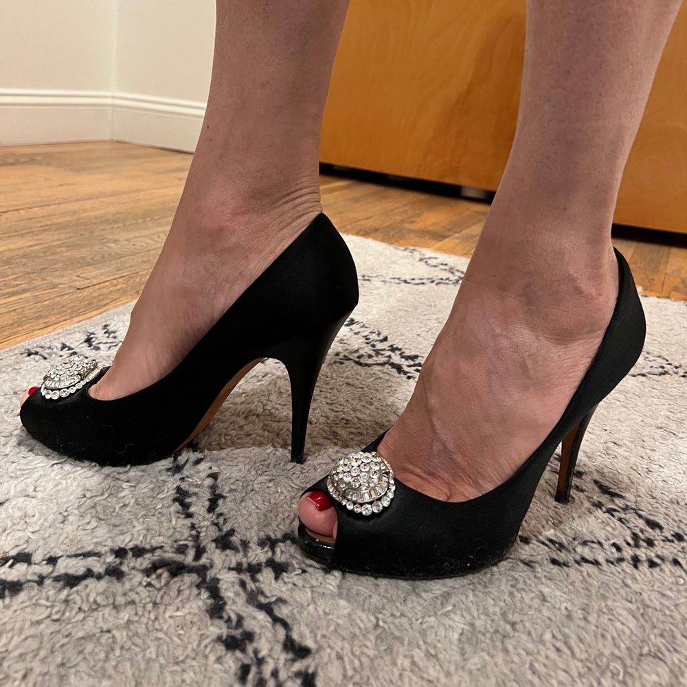 Giuseppe Zanotti black open toe heel with crystal detail